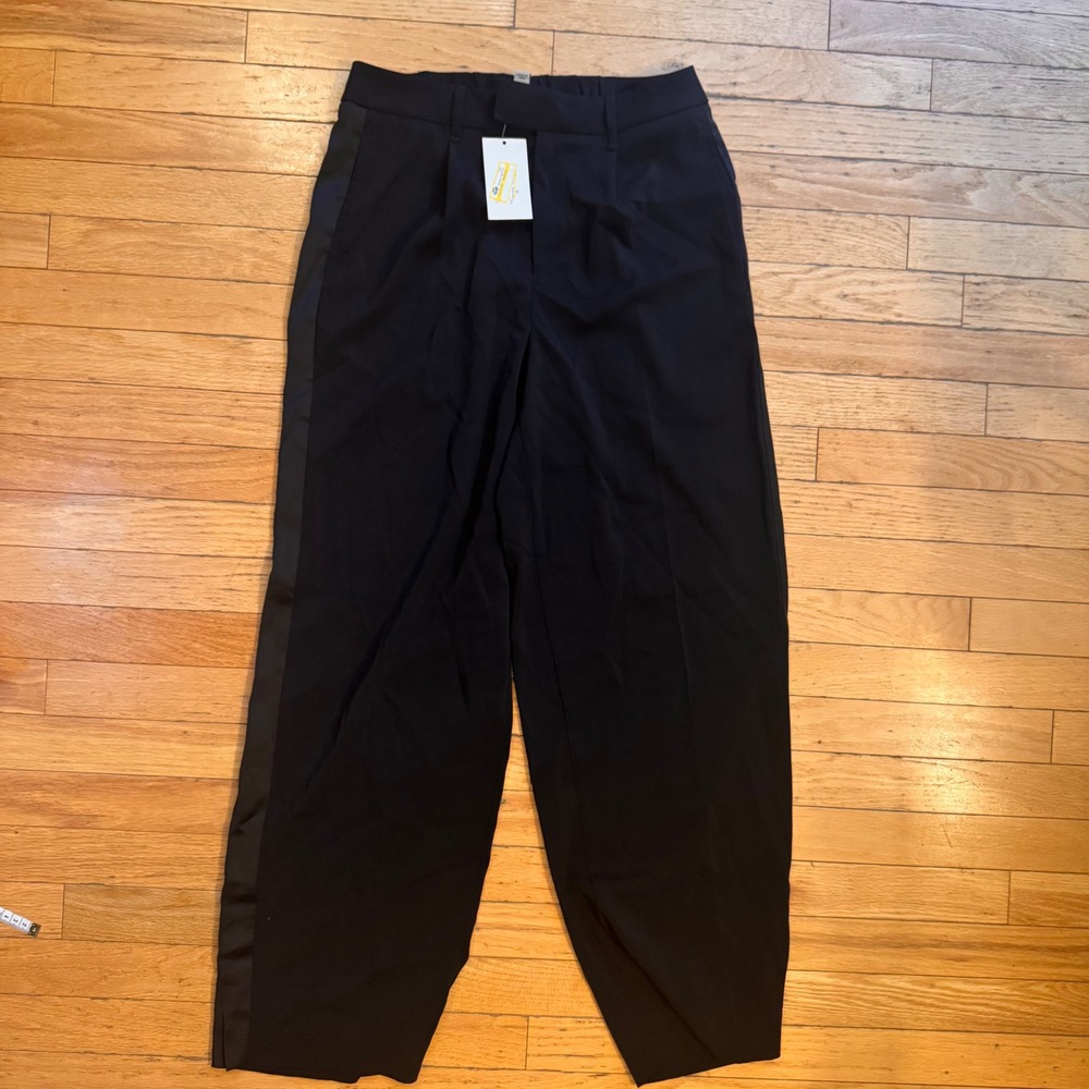 A New Day Womens Black Satin Stripe Tuxedo Wide Leg Pleated Pants Size 6 NEW